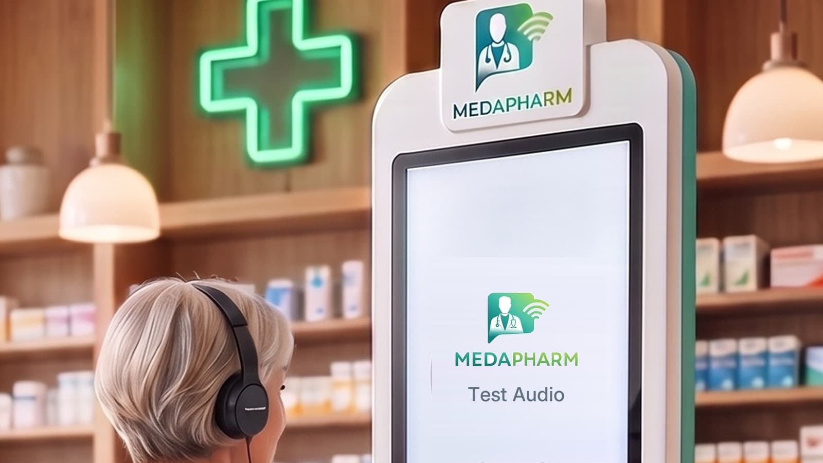 La borne intelligente Medapharm installée dans une officine, utilisée par une patiente équipée d'un casque audio