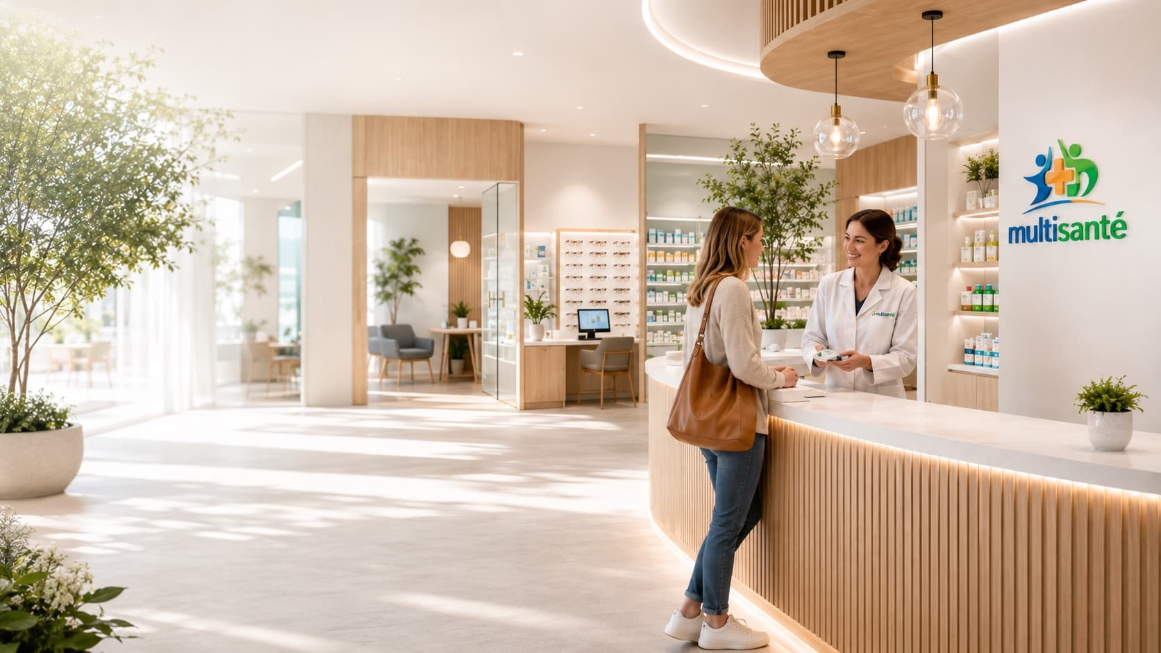 Une pharmacienne Multisanté conseille une patiente au comptoir d'une officine lumineuse, avec les espaces optique, audition et télésanté visibles à proximité