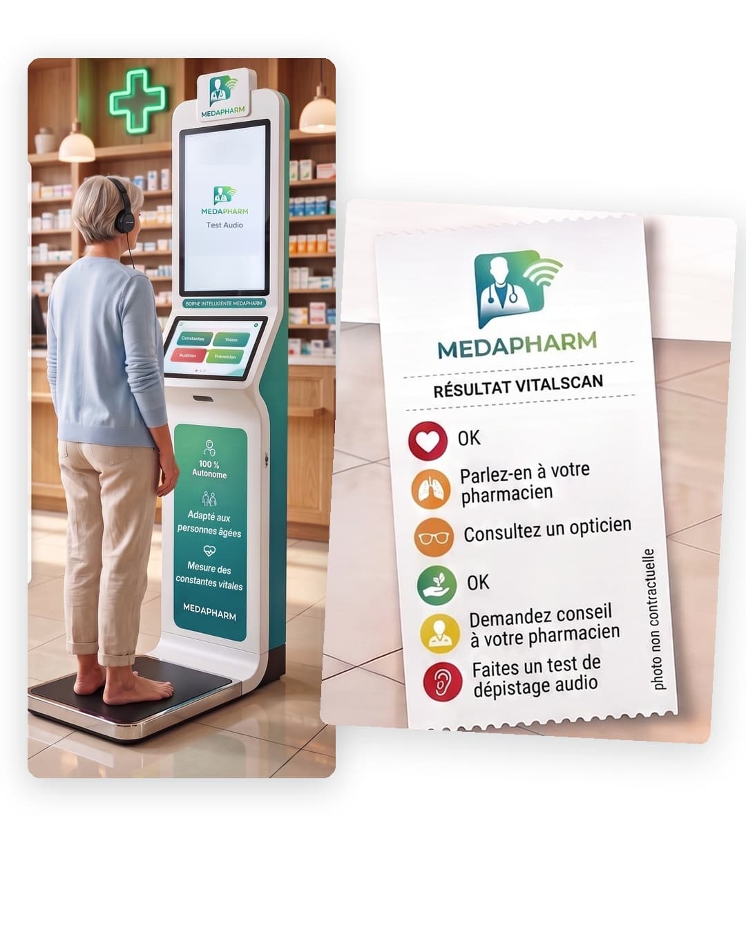 La borne intelligente Medapharm en officine et son ticket de résultat, qui oriente le patient vers l'opticien, l'audioprothésiste ou le pharmacien