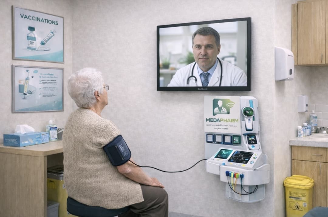 Une patiente en téléconsultation dans une officine : un médecin à l'écran, un brassard de tension au bras et la station Medapharm murale à côté d'elle